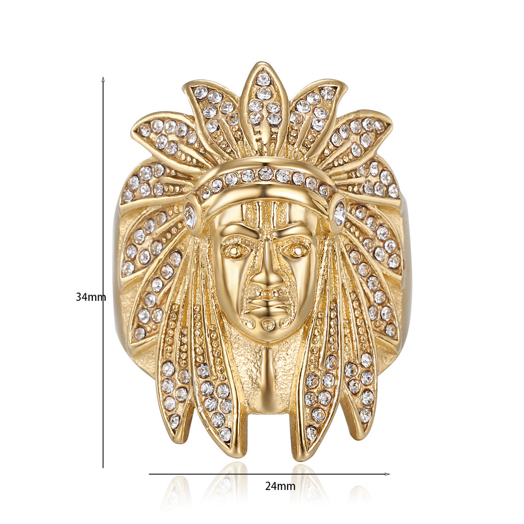 Native American Chief Pave Diamond Embossed Wide Ring, Solid S925 Silver Gold & Silver Two-Tone Vintage Tribal Men’s Band