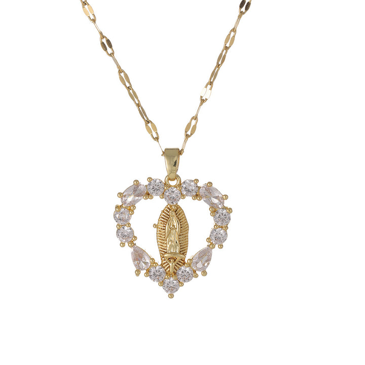 Heart Diamond Virgin Mary Pendant Necklace, Dainty Religious Heart Necklace