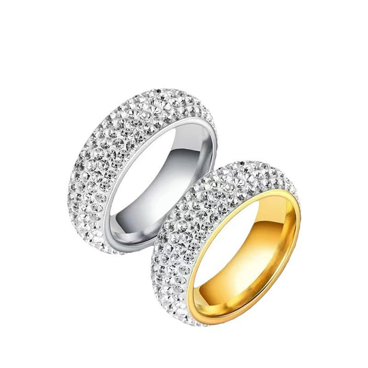 3-Row Paved Diamond Dome S925 Silver Ring, Two-Tone Full Diamond Wide Band