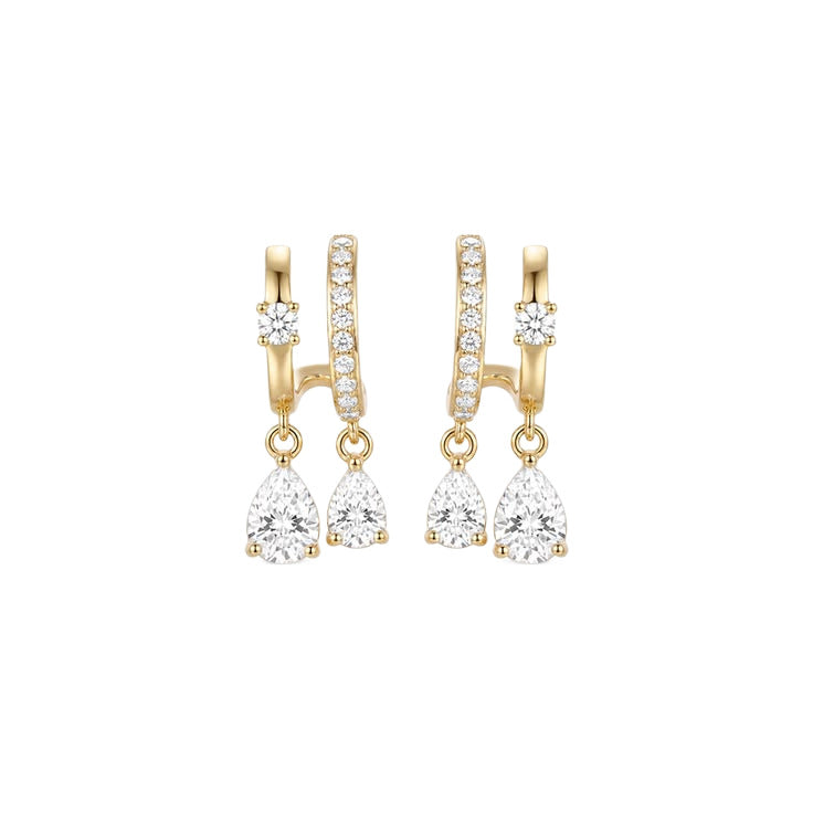 Double Teardrop Drop Diamond Hoop Earrings, Gold & Silver Luxury Paved Dangle Hoops