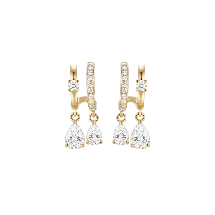 Double Teardrop Drop Diamond Hoop Earrings, Gold & Silver Luxury Paved Dangle Hoops