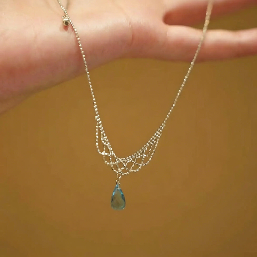 Vintage Lace Hollow Teardrop Blue Diamond Collarbone Necklace, S925 Silver Royal Style Aquamarine Crystal Dinner Dress Pendant