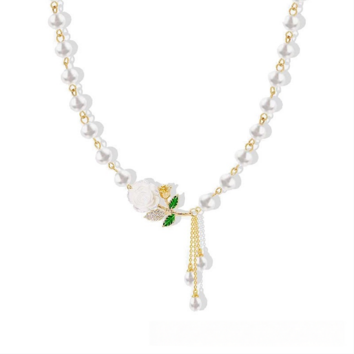 S925 Silver Rose Pearl Tassel Necklace, French Gentle Style Camellia Adjustable Pearl Clavicle Chain