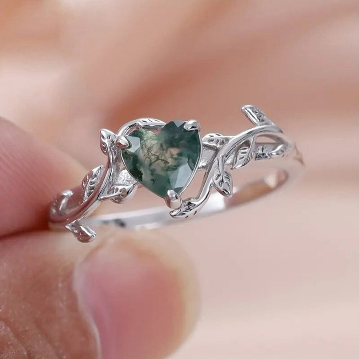 Vine Heart Moss Agate Ring, Silver Vintage Forest Style Heart Gemstone Band For Women