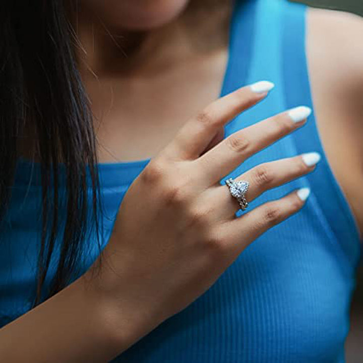 Pear Shape Halo Lace 2Pcs Ring Set, Vintage Openwork Milgrain Stackable Wedding Bands Silver Bridal Engagement Jewelry