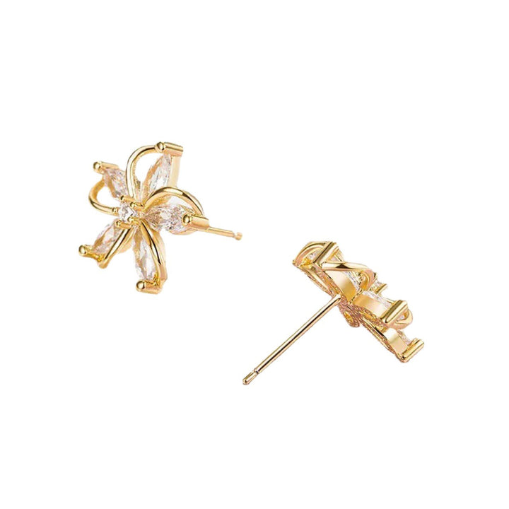 Hollow 5-Petal Flower Diamond Stud Earrings, Marquise Stone Floral Earrings, Gold & Silver Tone Minimal Flower Studs