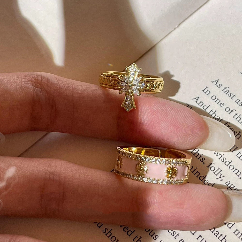 Vintage Rose Diamond Gold Tone Ring (French Romantic Statement Band)