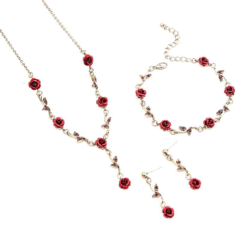 Vintage Red Rose Jewelry Set, S925 Silver Stud Earrings Rose Necklace & Bracelet 3Pcs Set