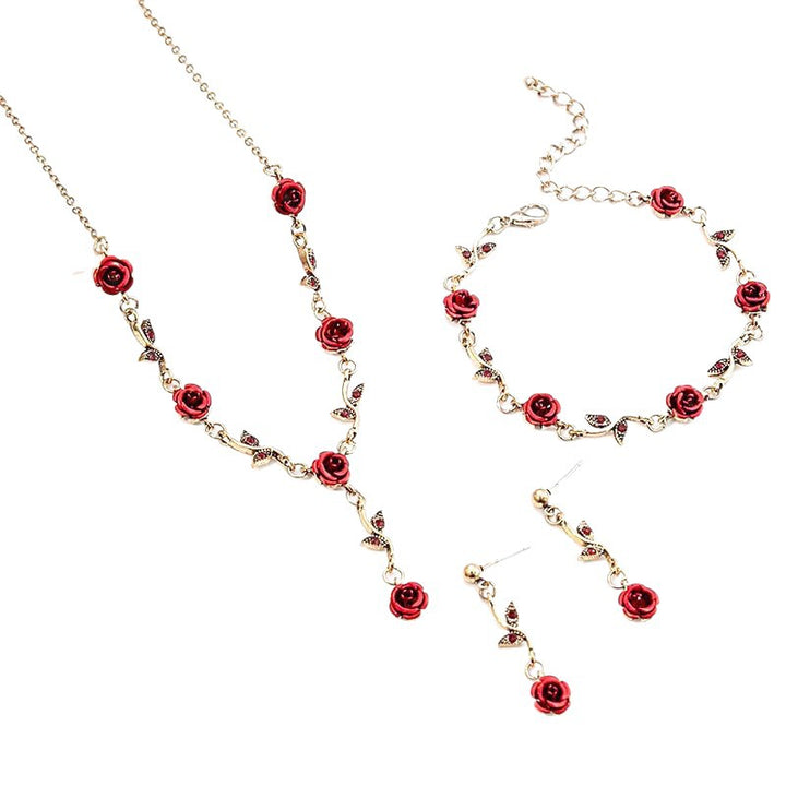 Vintage Red Rose Jewelry Set, S925 Silver Stud Earrings Rose Necklace & Bracelet 3Pcs Set