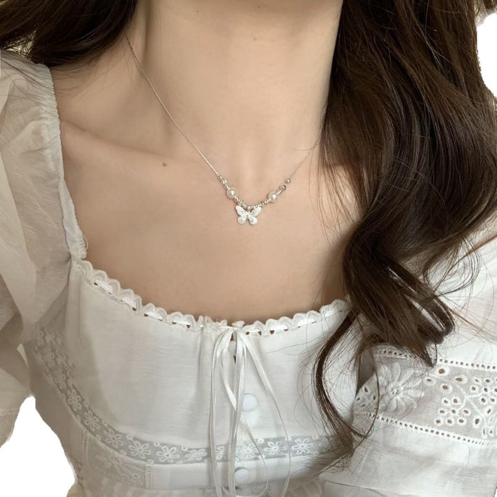 Embossed Butterfly & Pearl Thin Clavicle Chain, Dainty Geometric Bead Feminine Necklace