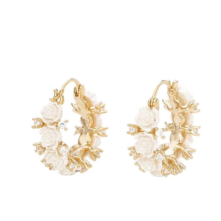 White Rose Wreath Hoop Earrings, Gentle 3D Rose Diamond Circle Earrings, Gold Luxury Earrings