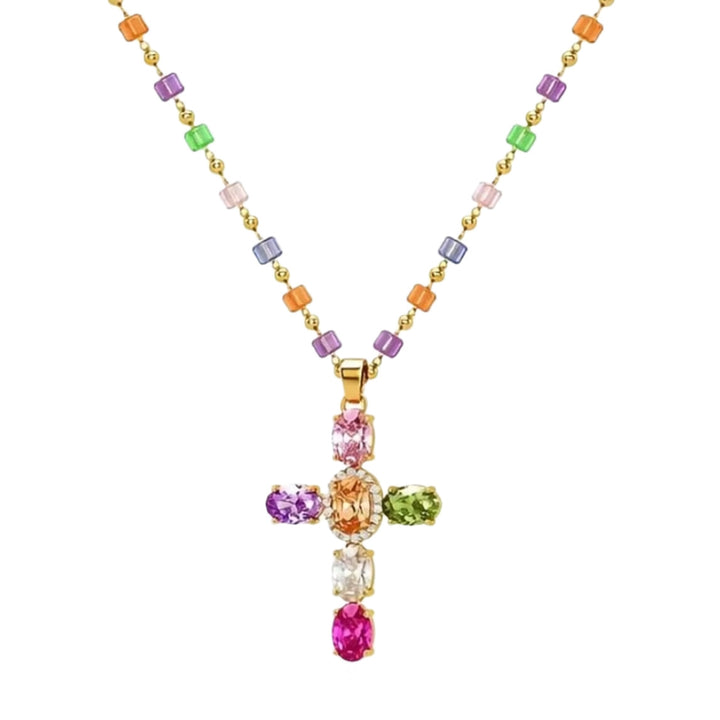 Colorful Gem Cross Pendant Necklace, Two Styles Available