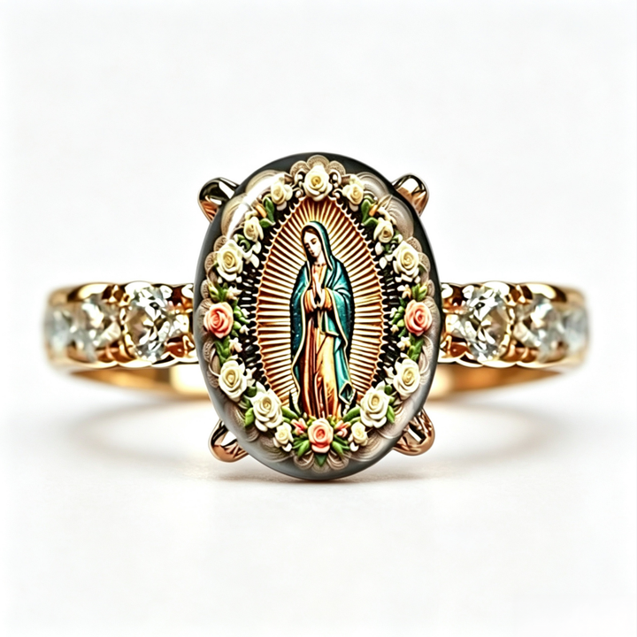 Our Lady of Guadalupe Floral Diamond‑Accented Religious Ring For Women