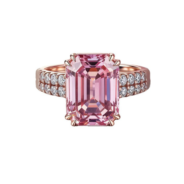 Emerald Cut Pink Diamond Double Shank Ring, Rose Gold Luxury Engagement Ring For Women