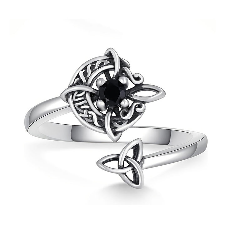 Celtic Knot Black Diamond Open Ring (Vintage Silver Tone Statement Band)