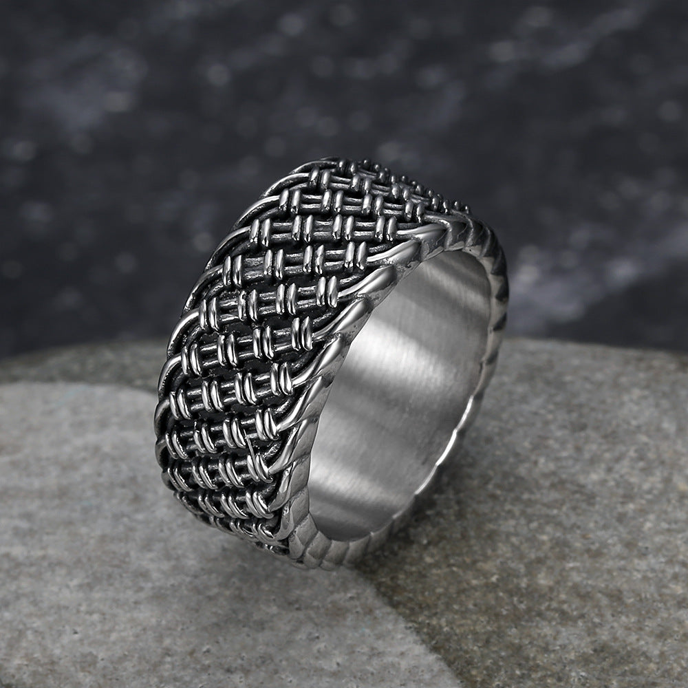 Vintage 3D Woven Texture Wide Band Ring, S925 Silver Silver & Gold Two-Tone Unisex Ring