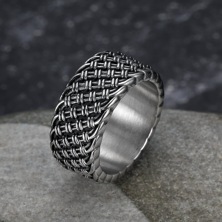 Vintage 3D Woven Texture Wide Band Ring, S925 Silver Silver & Gold Two-Tone Unisex Ring