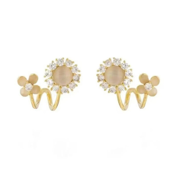 W-shaped Curve Cat's Eye Flower S925 Silver Stud Earrings, Minimalist Inlaid Diamond Dual Floral Earrings
