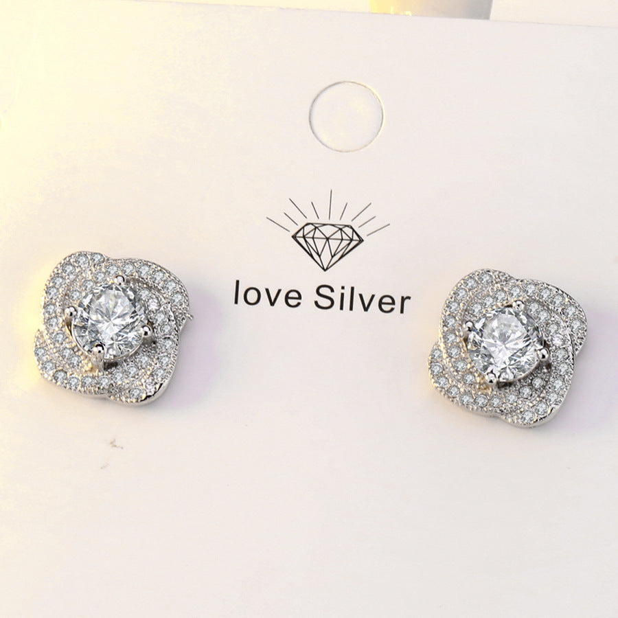 S925 Silver Spiral Halo Diamond Stud Earrings, Luxury Full Paved Flower Earrings for Women
