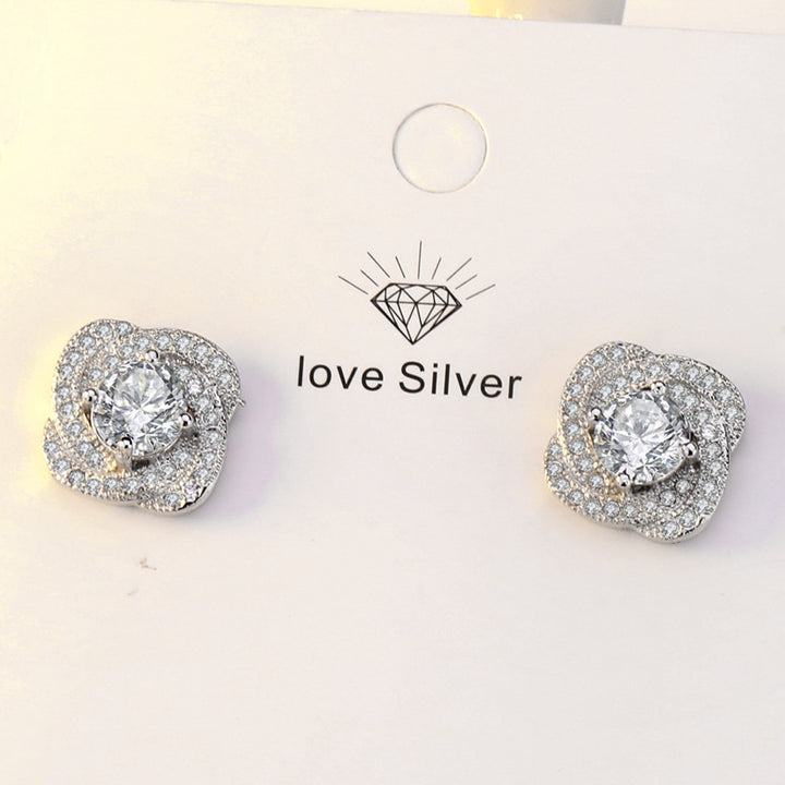 S925 Silver Spiral Halo Diamond Stud Earrings, Luxury Full Paved Flower Earrings for Women