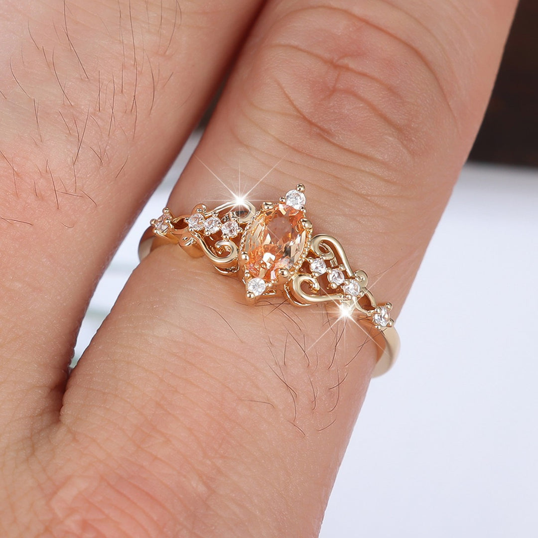 Vintage Vine Hollow Oval Champagne Diamond Ring, Luxury Court Style Gold Plated Delicate Thin Band for Women