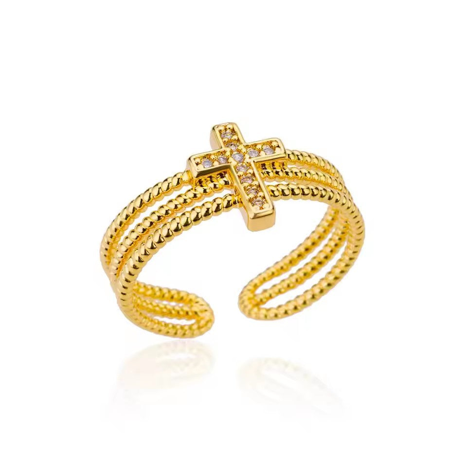 Three-Row Ball Beaded Cross Diamond Open Ring, 2 Colors Adjustable Band