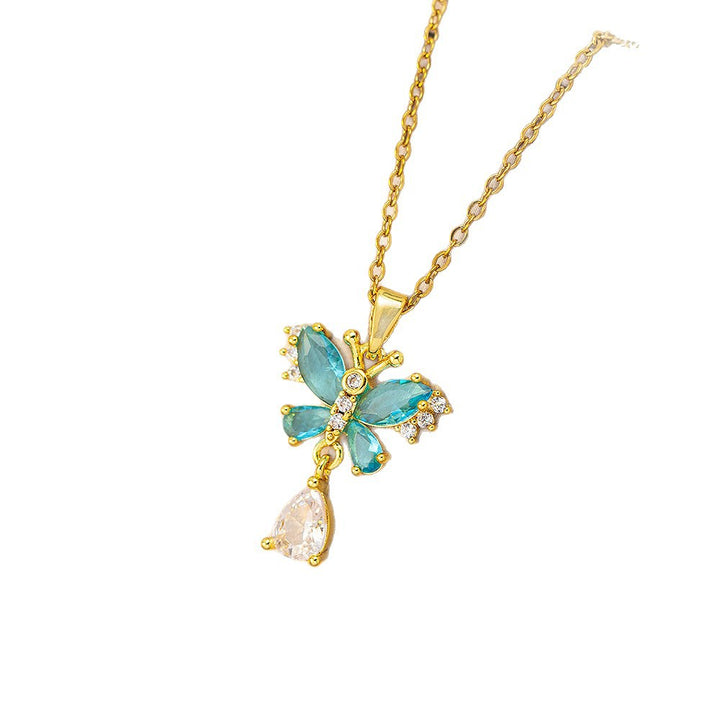 Double Butterfly Colored Diamond & Teardrop Pendant Choker (Sweet-Cool Girlish Heart Light Luxury Style)