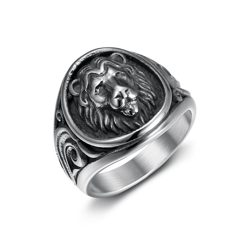 Vintage Embossed Lion Head Titanium Steel Wide Ring, Scroll Pattern Antique Bold Lion Statement Band for Men