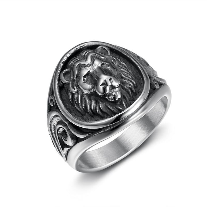 Vintage Embossed Lion Head Titanium Steel Wide Ring, Scroll Pattern Antique Bold Lion Statement Band for Men