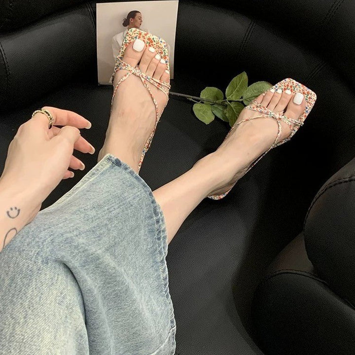 French Thin Strap Square Toe Slide Sandals, Multi Color Flat Summer Slippers