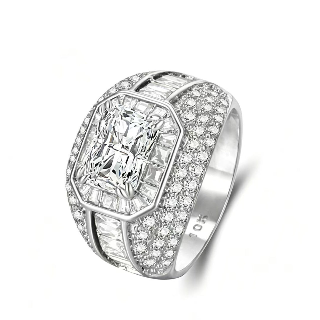 Emerald‑Cut Center Stone Luxurious Pavé S925 Sterling Silver Men's Ring, Two‑Tone Available