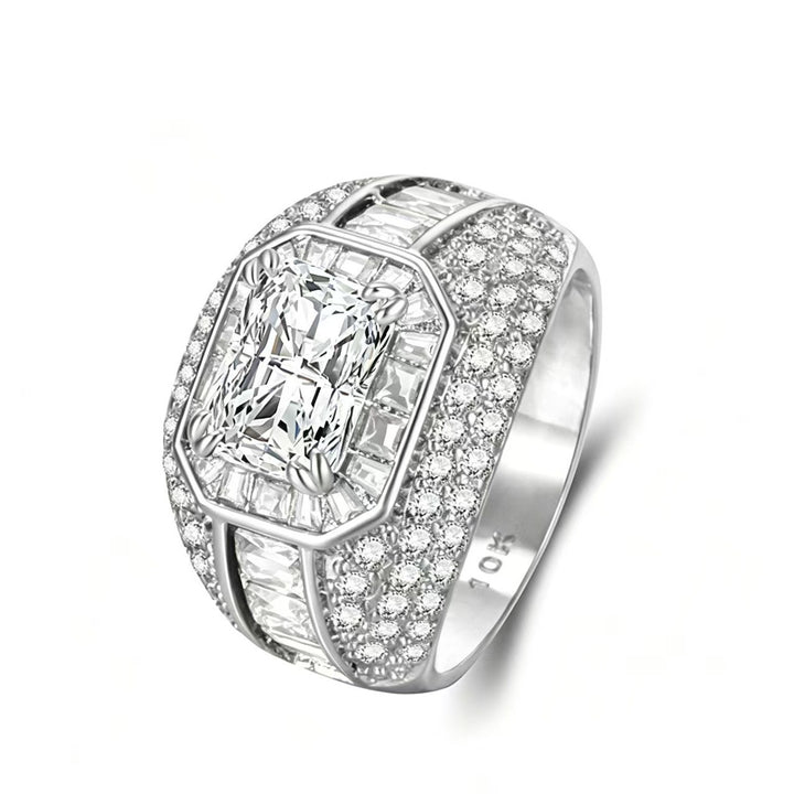 Emerald‑Cut Center Stone Luxurious Pavé S925 Sterling Silver Men's Ring, Two‑Tone Available