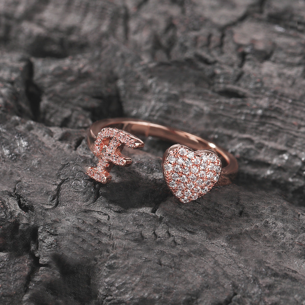 26 Letter Heart S925 Silver Open Ring, Paved Diamond Adjustable Letter Heart Band Available in 3 Tones