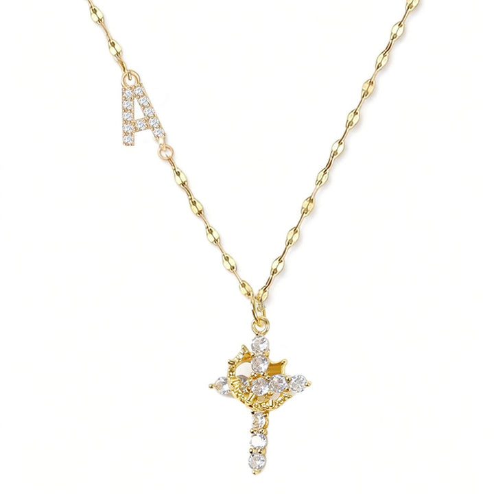 Diamond Initial & Cross Double Pendant Necklace (26 Letters Gold Tone Lip Chain)