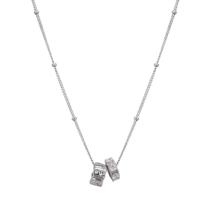 Double Ring Diamond Silver Tone Necklace (Minimalist Beaded Chain)