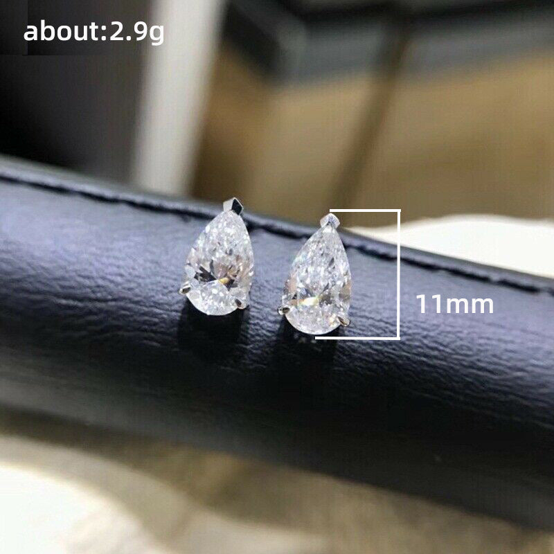 Pear Teardrop Single Diamond Stud Earrings, Minimalist 4-prong Setting Solid Diamond Studs, Silver Luxury Earrings