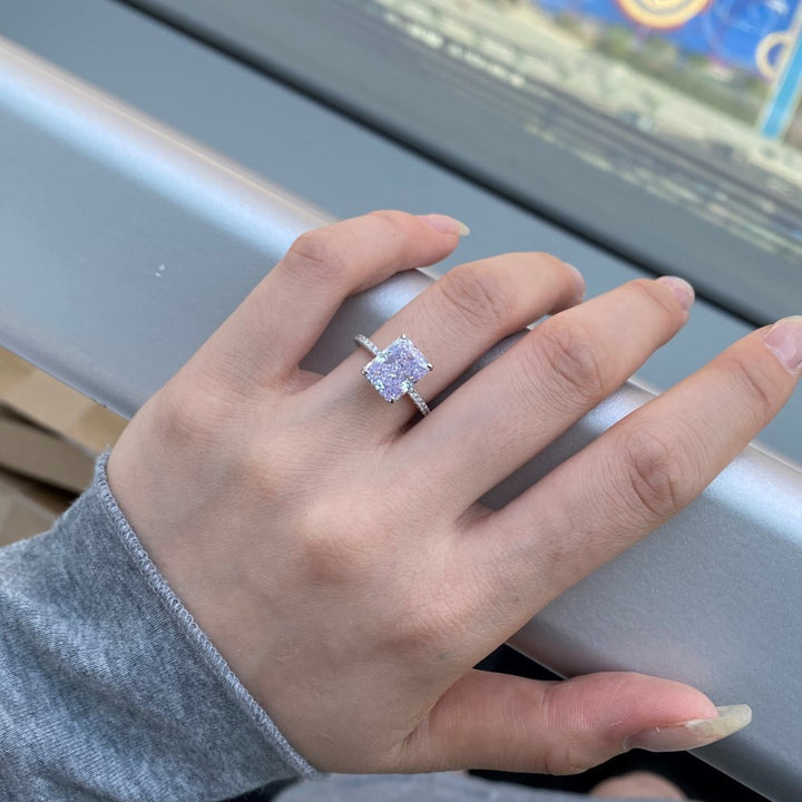 Radiant Cut Rectangular Gemstone Four-Prong Ring, Paved Shank Luxury Engagement Gem Band Multiple Colors