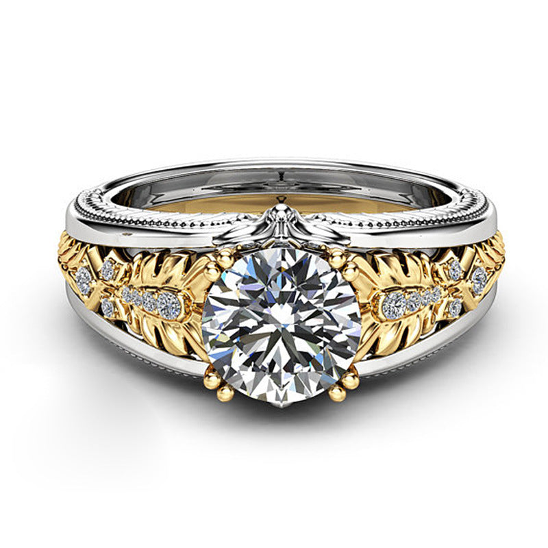 Two-Tone Vintage Floral Engraved Ring, European Relief Round Diamond Gothic Statement Band For Women
