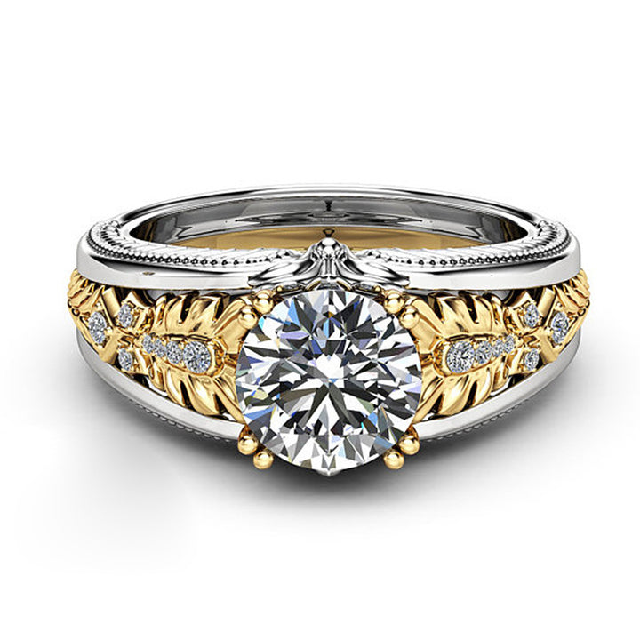 Two-Tone Vintage Floral Engraved Ring, European Relief Round Diamond Gothic Statement Band For Women