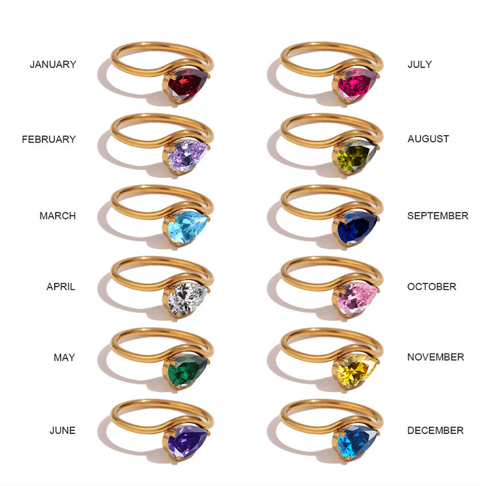 12 Birthstone Teardrop Ring (Gold-Tone Delicate Personalized Women's Band)