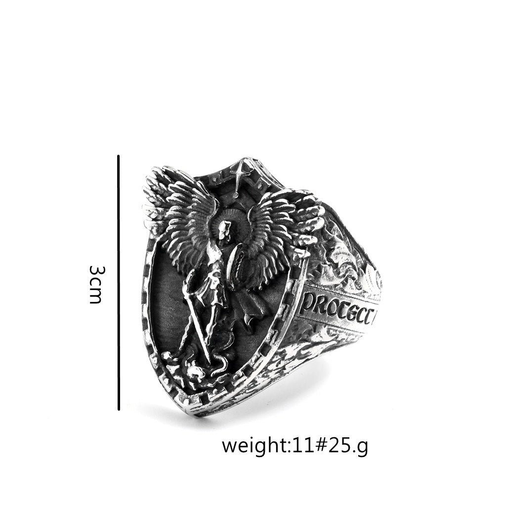 S925 Silver Archangel Shield Relief Men Ring, Vintage Heavy‑Craft Guardian Wide Band Ring