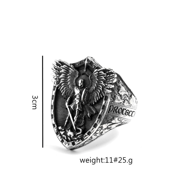 S925 Silver Archangel Shield Relief Men Ring, Vintage Heavy‑Craft Guardian Wide Band Ring