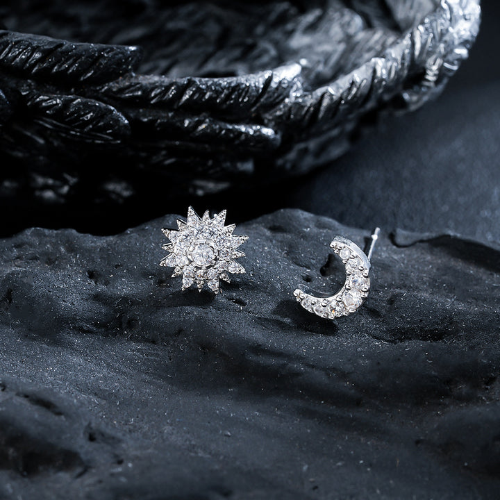 Sun And Moon Asymmetric Diamond Earrings, Starry Moon Paved Stud Earrings
