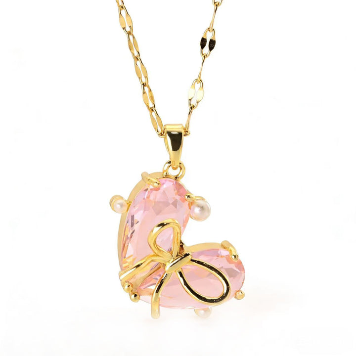 Bow‑Knot Heart Gem Pendant Necklace, 3‑Color Options