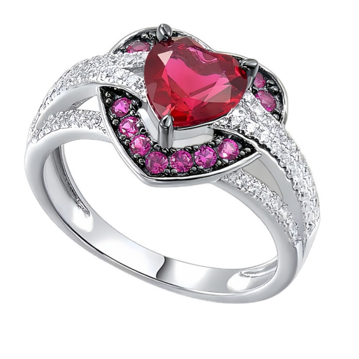 Heart‑Shaped Magenta Diamond Halo Ring