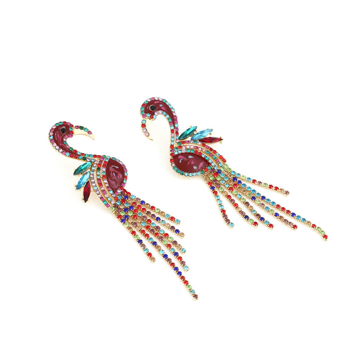 Heavy Craft Flamingo Paved Crystal Tassel Earrings, Color Enamel Mixed Rhinestone Long Bold Banquet Statement Jewelry Two Styles
