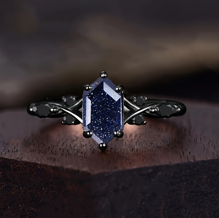 Black Gold Blue Sandstone Vine Ring (Gothic Edgy Statement Band)