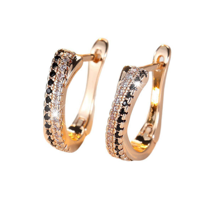 Black‑White Contrast Double‑Row Diamond Huggie Earrings, 3‑Color Options