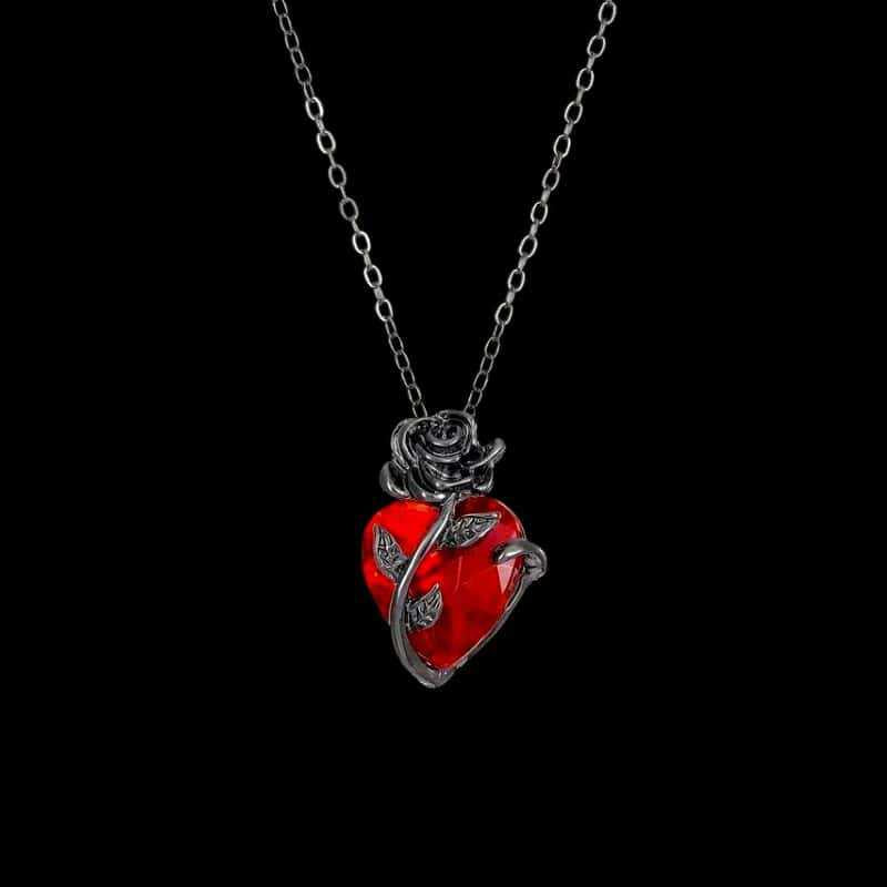 Rose-Wrapped Red Heart Diamond Necklace (2 Colors Dark/Romantic Style Pendant)