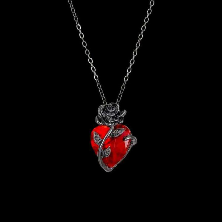 Rose-Wrapped Red Heart Diamond Necklace (2 Colors Dark/Romantic Style Pendant)